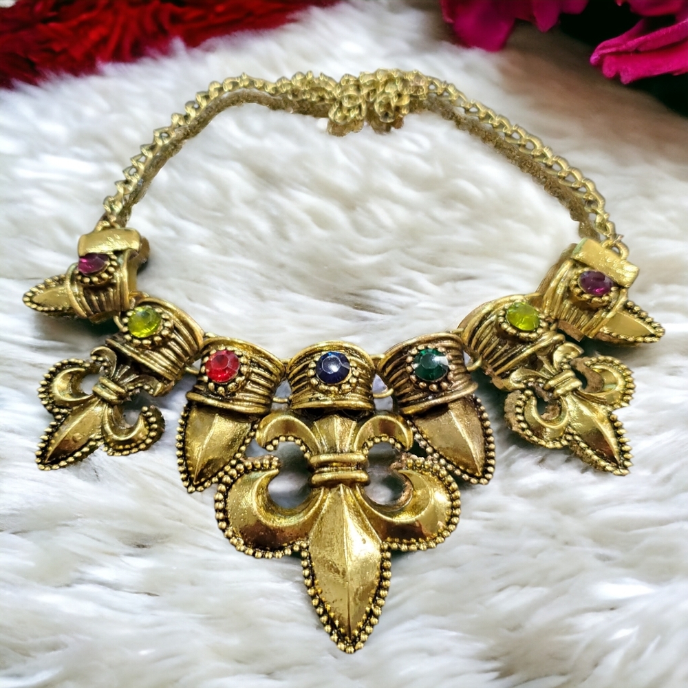 Gold-Tone Fleur Necklace with Multicolor Gem Accents